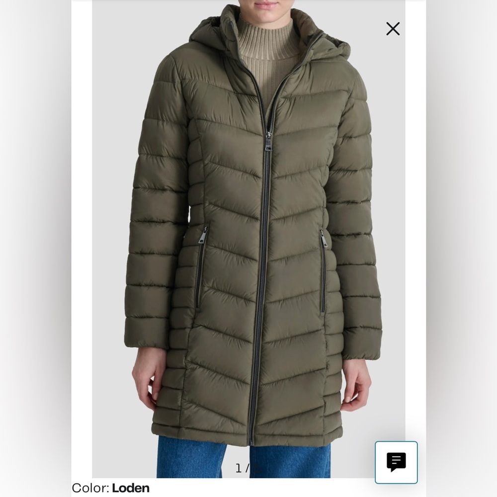 NWT DKNY Women’s Packable Quilted Hooded Longline Puffer Coat Size XL